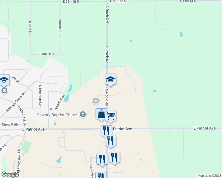 map of restaurants, bars, coffee shops, grocery stores, and more near 5818 South Rock Road in Derby