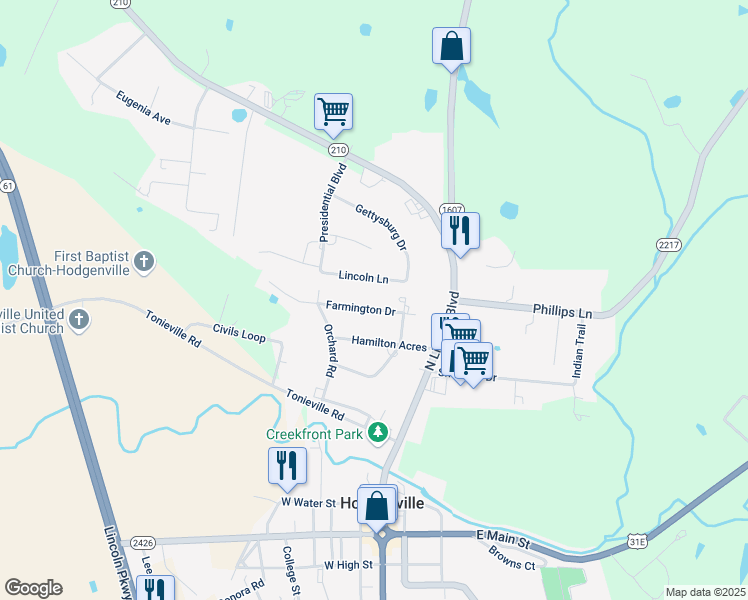 map of restaurants, bars, coffee shops, grocery stores, and more near 119 Farmington Drive in Hodgenville