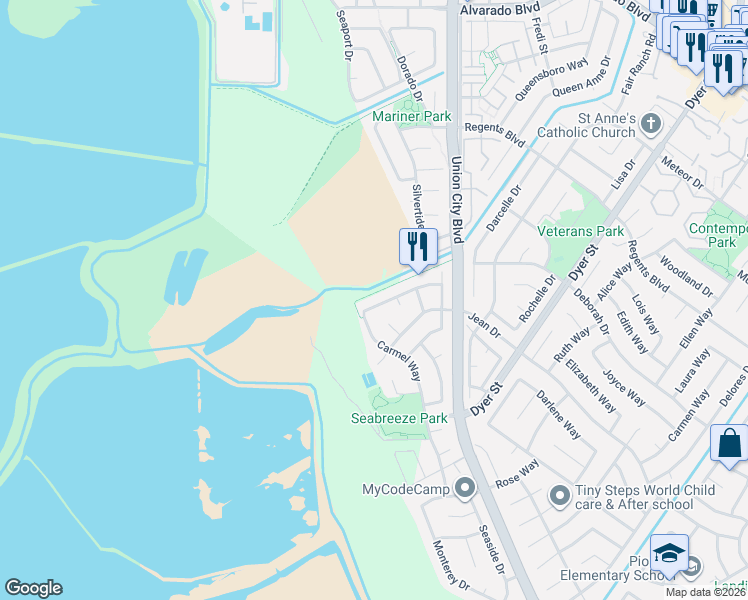 map of restaurants, bars, coffee shops, grocery stores, and more near 5871 Carmel Way in Union City
