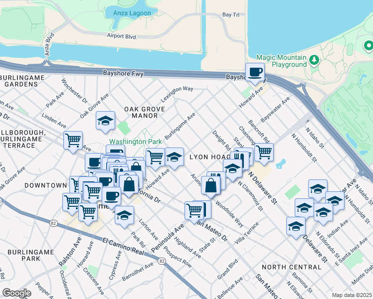 map of restaurants, bars, coffee shops, grocery stores, and more near 700 Howard Avenue in Burlingame