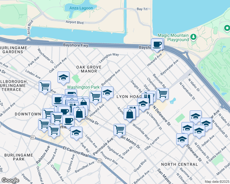 map of restaurants, bars, coffee shops, grocery stores, and more near 700 Howard Avenue in Burlingame