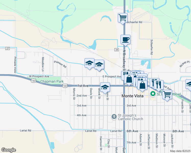 map of restaurants, bars, coffee shops, grocery stores, and more near 349 East Prospect Avenue in Monte Vista