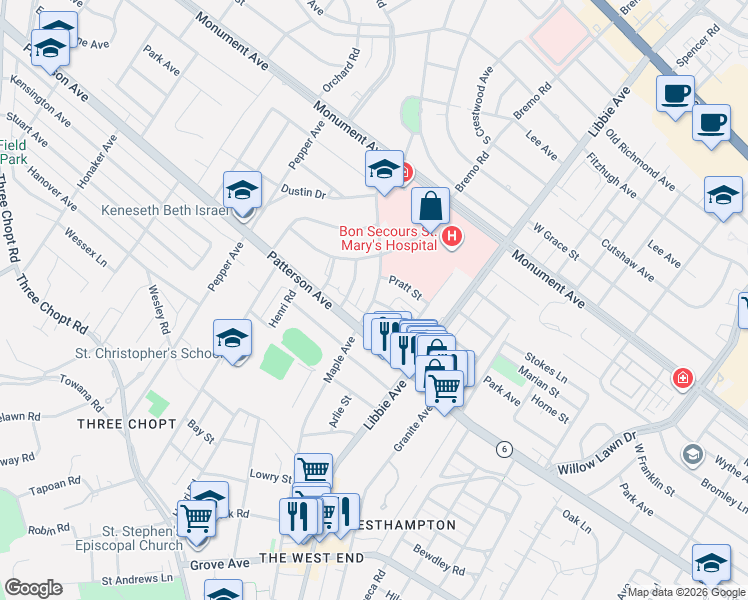 map of restaurants, bars, coffee shops, grocery stores, and more near 8200 Park Avenue in Richmond