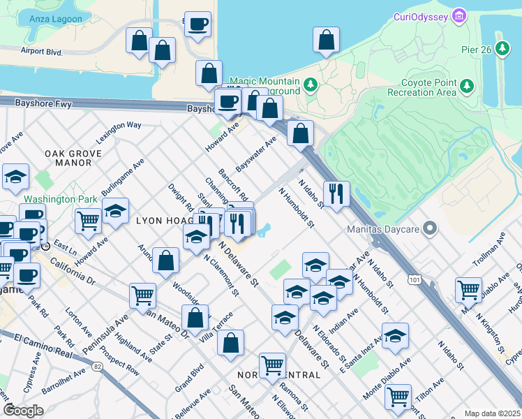 map of restaurants, bars, coffee shops, grocery stores, and more near 932 Peninsula Avenue in San Mateo