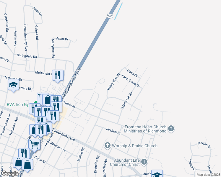 map of restaurants, bars, coffee shops, grocery stores, and more near 2801 Valley Side Court in Richmond