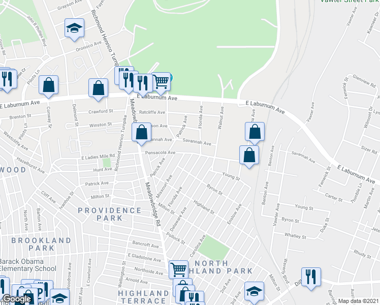 map of restaurants, bars, coffee shops, grocery stores, and more near 720 Pensacola Avenue in Richmond