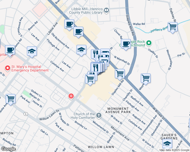 map of restaurants, bars, coffee shops, grocery stores, and more near 1601 Willow Lawn Drive in Richmond