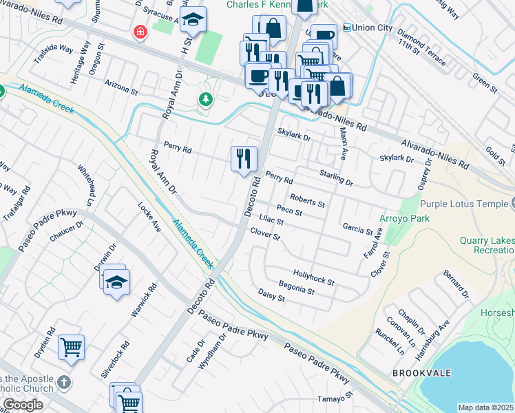 map of restaurants, bars, coffee shops, grocery stores, and more near 2651 Decoto Road in Union City