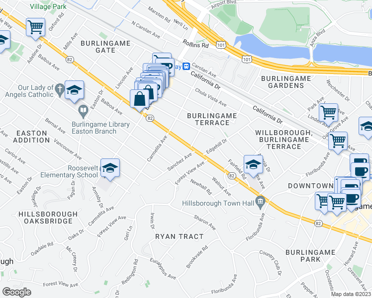 map of restaurants, bars, coffee shops, grocery stores, and more near 1008 El Camino Real in Burlingame