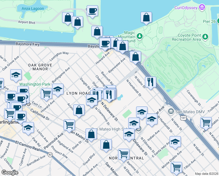 map of restaurants, bars, coffee shops, grocery stores, and more near 14 Bancroft Road in Burlingame