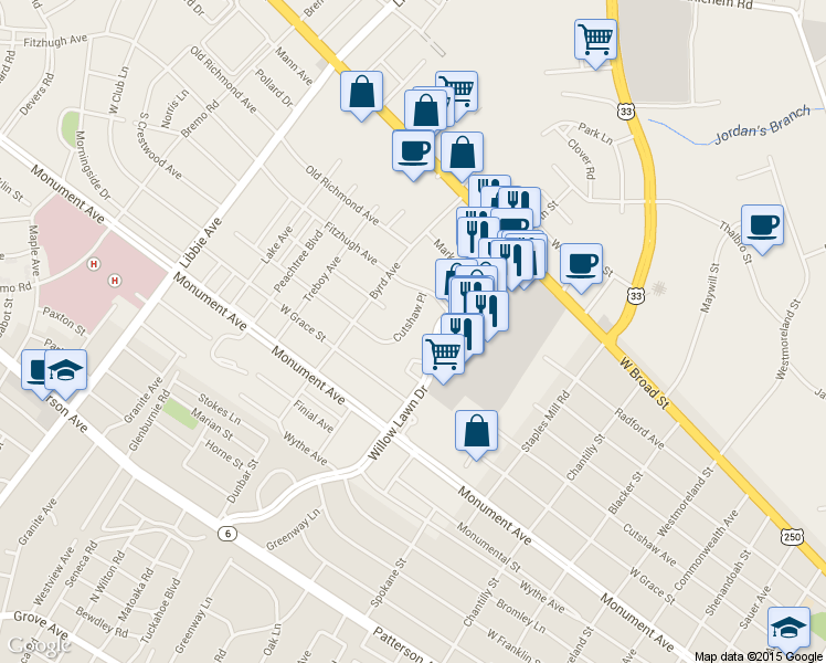 map of restaurants, bars, coffee shops, grocery stores, and more near 1515 Cutshaw Place in Richmond