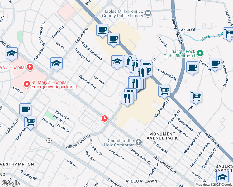 map of restaurants, bars, coffee shops, grocery stores, and more near 1515 Cutshaw Place in Richmond