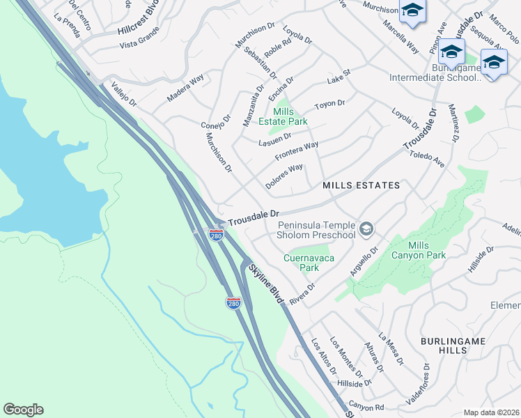 map of restaurants, bars, coffee shops, grocery stores, and more near 1807 Hunt Drive in Burlingame