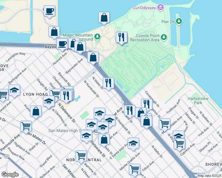 map of restaurants, bars, coffee shops, grocery stores, and more near 735 North Amphlett Boulevard in San Mateo