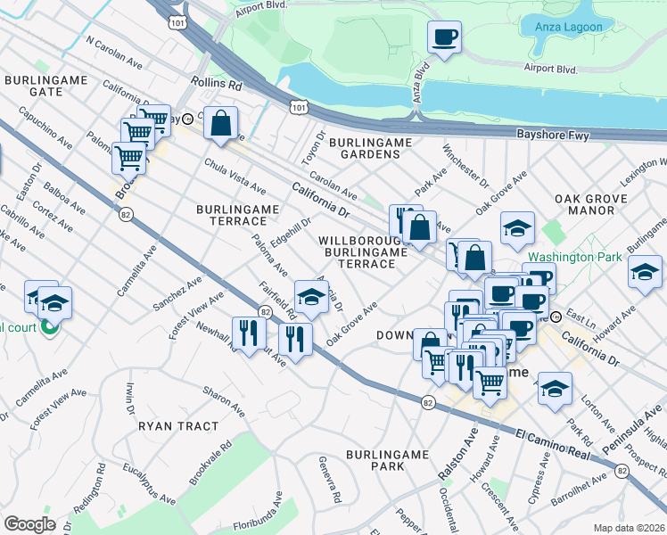 map of restaurants, bars, coffee shops, grocery stores, and more near 765 Farringdon Lane in Burlingame