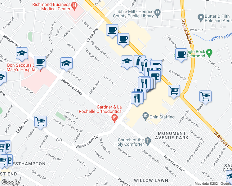 map of restaurants, bars, coffee shops, grocery stores, and more near 5200 Cutshaw Avenue in Richmond