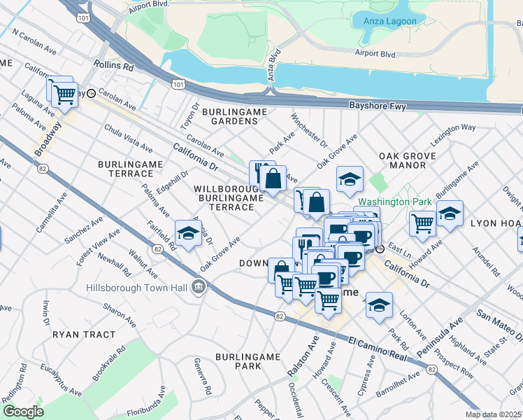 map of restaurants, bars, coffee shops, grocery stores, and more near 1222 Oak Grove Avenue in Burlingame