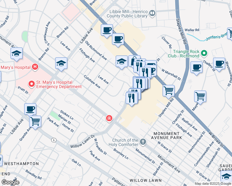 map of restaurants, bars, coffee shops, grocery stores, and more near 1504 Cutshaw Place in Richmond