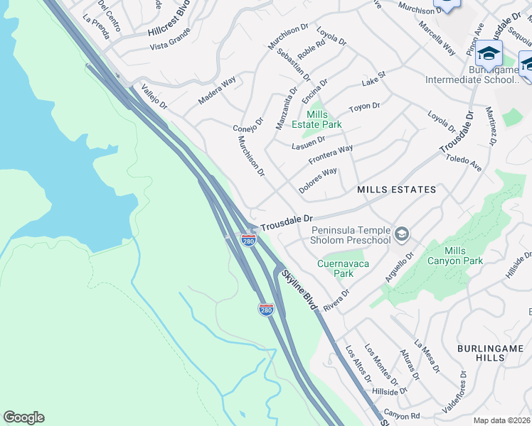 map of restaurants, bars, coffee shops, grocery stores, and more near 3133 Frontera Way in Burlingame