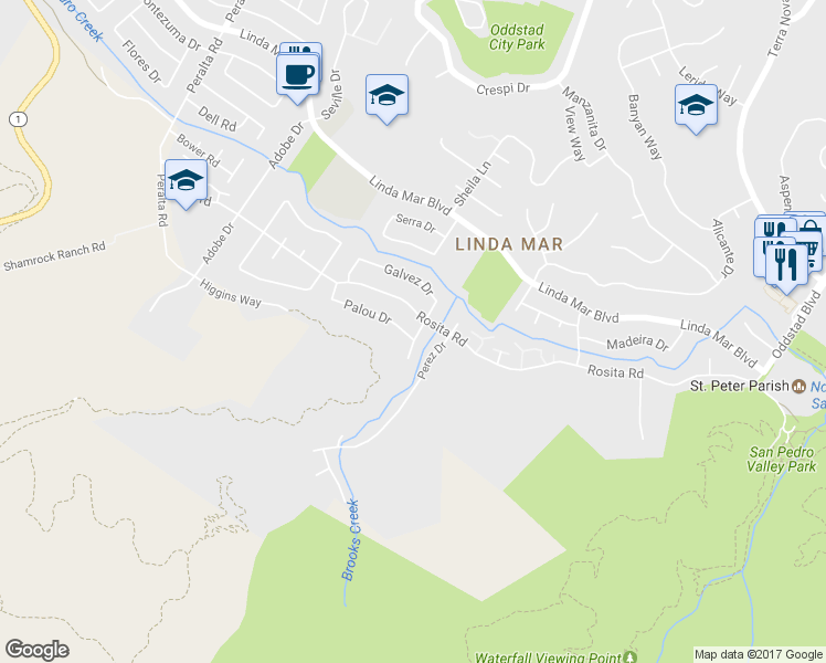 map of restaurants, bars, coffee shops, grocery stores, and more near 1195 Palou Drive in Pacifica