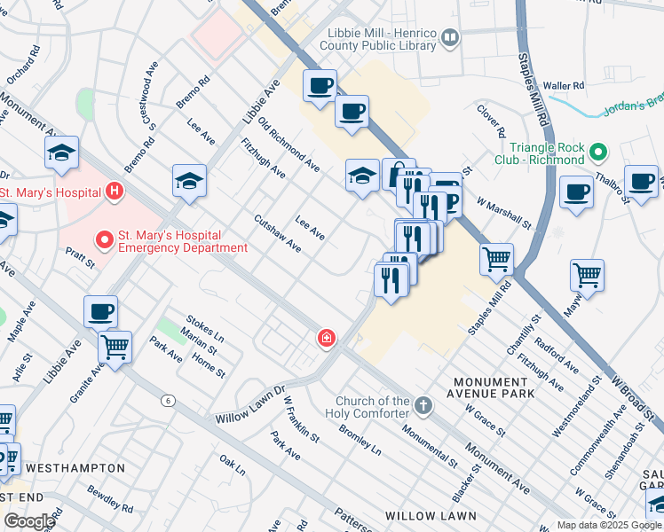 map of restaurants, bars, coffee shops, grocery stores, and more near 5200 Cutshaw Avenue in Richmond