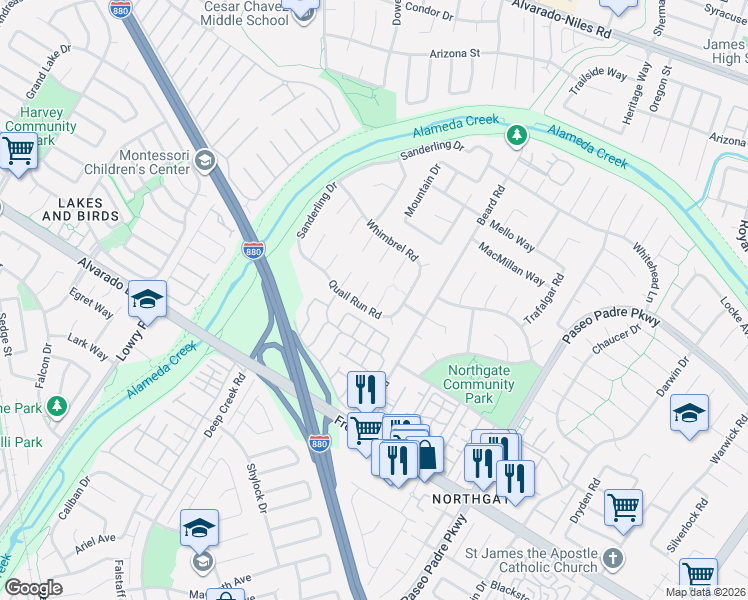 map of restaurants, bars, coffee shops, grocery stores, and more near 33783 Whimbrel Road in Fremont