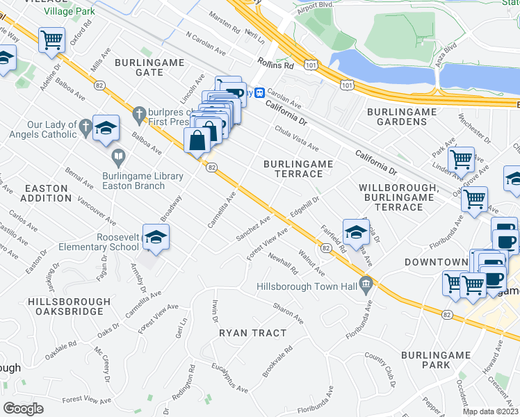 map of restaurants, bars, coffee shops, grocery stores, and more near 1012 El Camino Real in Burlingame