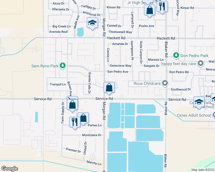 map of restaurants, bars, coffee shops, grocery stores, and more near 1305 Tranquil Lane in Ceres