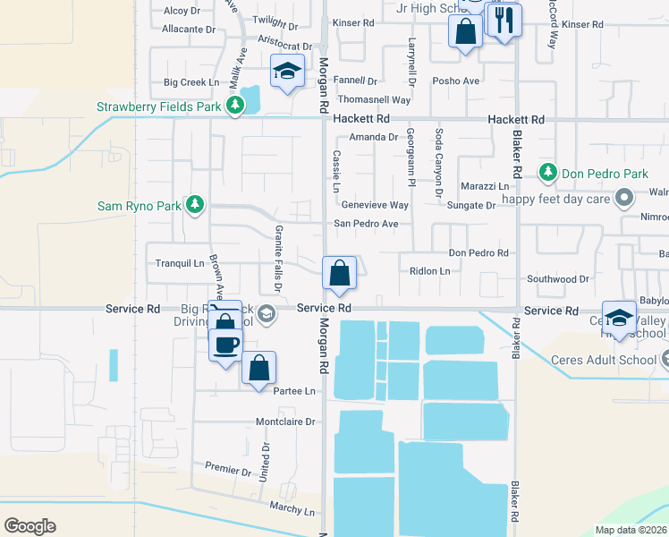 map of restaurants, bars, coffee shops, grocery stores, and more near 1305 Tranquil Lane in Ceres