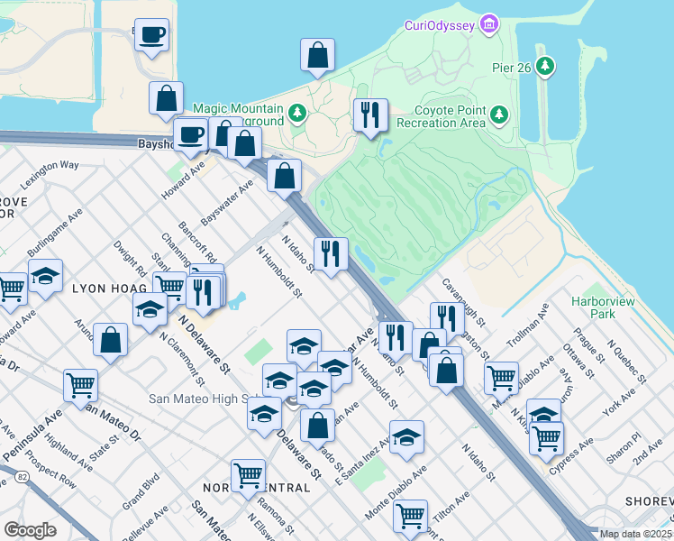 map of restaurants, bars, coffee shops, grocery stores, and more near 739 North Amphlett Boulevard in San Mateo