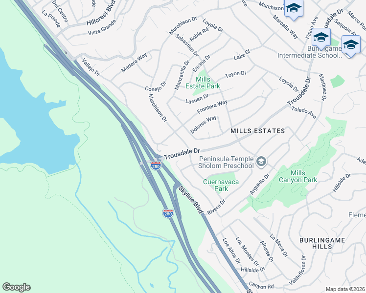 map of restaurants, bars, coffee shops, grocery stores, and more near 1817 Hunt Drive in Burlingame