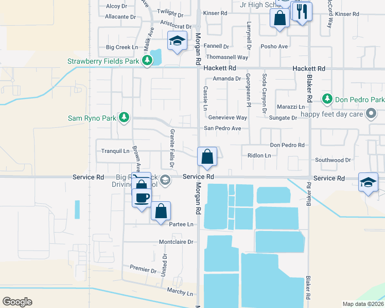 map of restaurants, bars, coffee shops, grocery stores, and more near 3857 Lexar Drive in Ceres