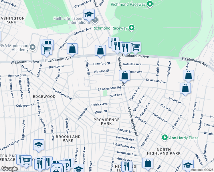 map of restaurants, bars, coffee shops, grocery stores, and more near 466 1/2 East Ladies Mile Road in Richmond