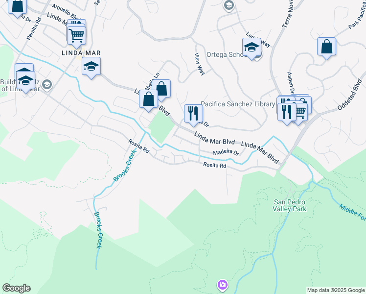 map of restaurants, bars, coffee shops, grocery stores, and more near 1344 Alicante Drive in Pacifica