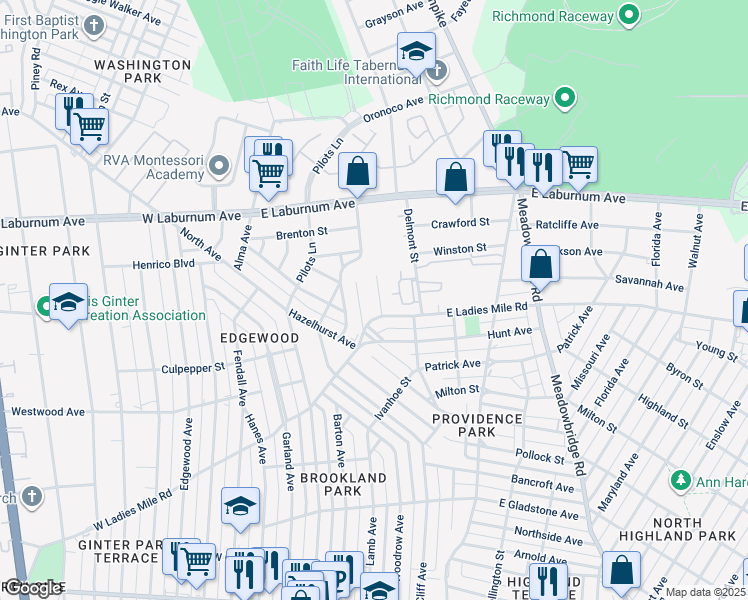map of restaurants, bars, coffee shops, grocery stores, and more near 328 Grayson Street in Richmond