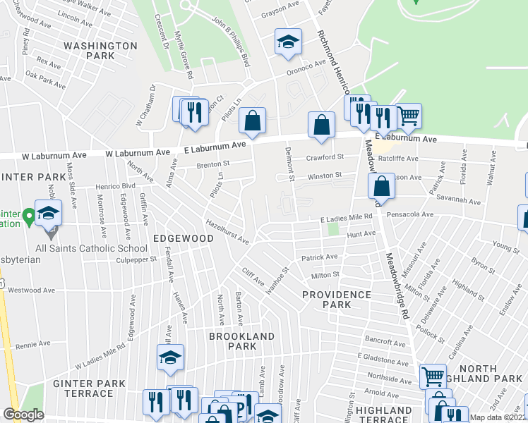 map of restaurants, bars, coffee shops, grocery stores, and more near 328 Grayson Street in Richmond