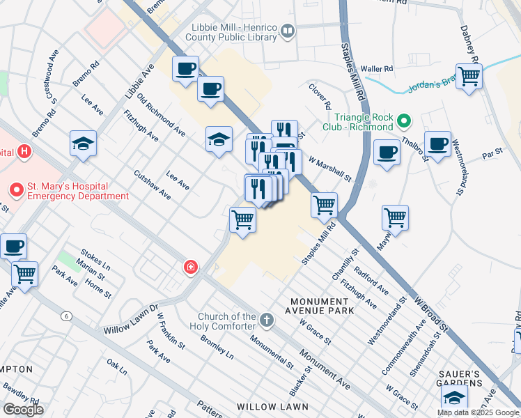 map of restaurants, bars, coffee shops, grocery stores, and more near 1601 Willow Lawn Drive in Richmond