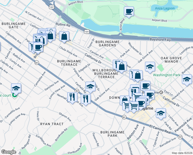 map of restaurants, bars, coffee shops, grocery stores, and more near 765 Farringdon Lane in Burlingame