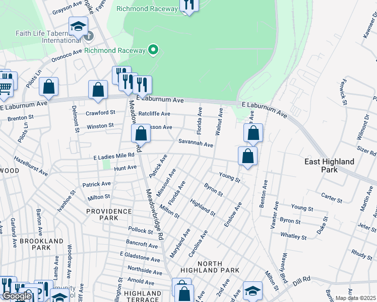 map of restaurants, bars, coffee shops, grocery stores, and more near 718 Pensacola Avenue in Richmond