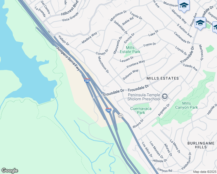 map of restaurants, bars, coffee shops, grocery stores, and more near 380 Vallejo Drive in Millbrae
