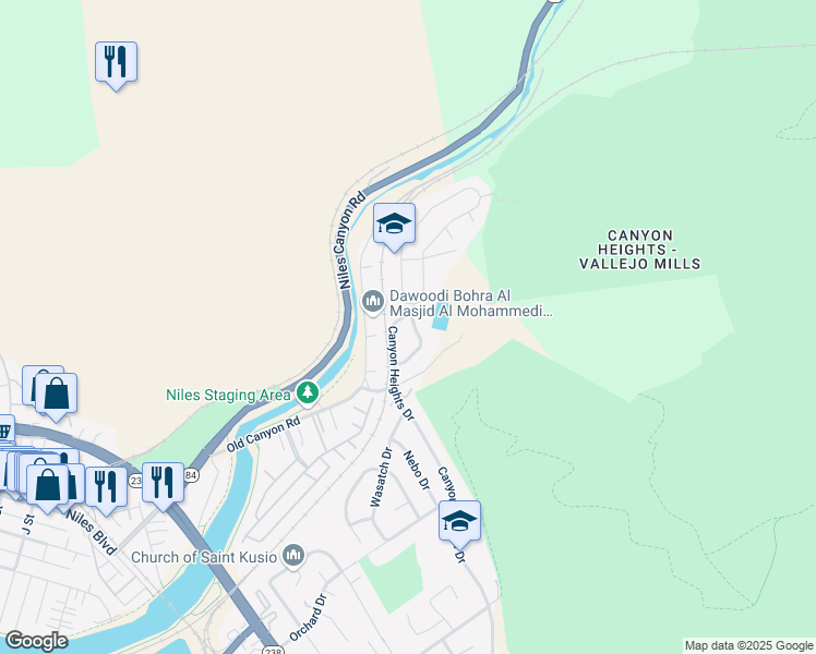 map of restaurants, bars, coffee shops, grocery stores, and more near 38094 Canyon Heights Drive in Fremont