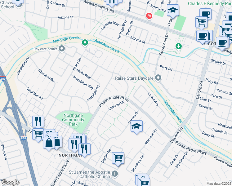 map of restaurants, bars, coffee shops, grocery stores, and more near 34128 Langhorn Court in Fremont