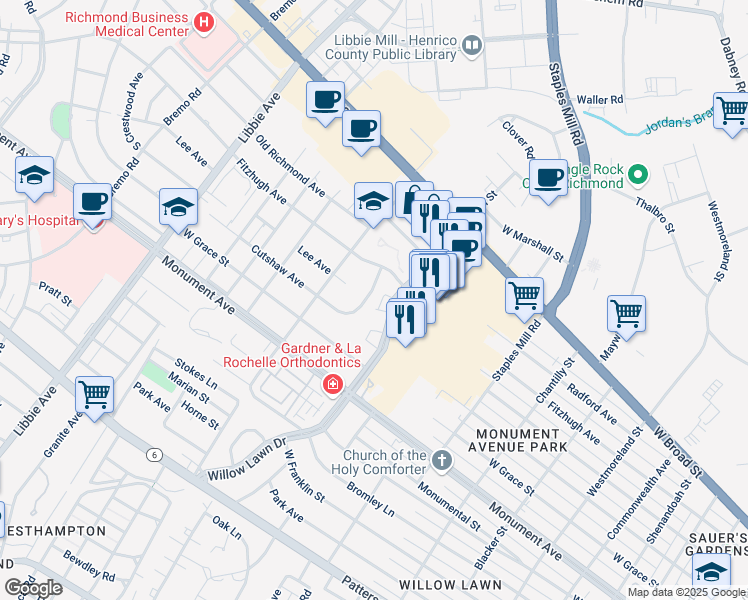 map of restaurants, bars, coffee shops, grocery stores, and more near 1517 Cutshaw Place in Richmond