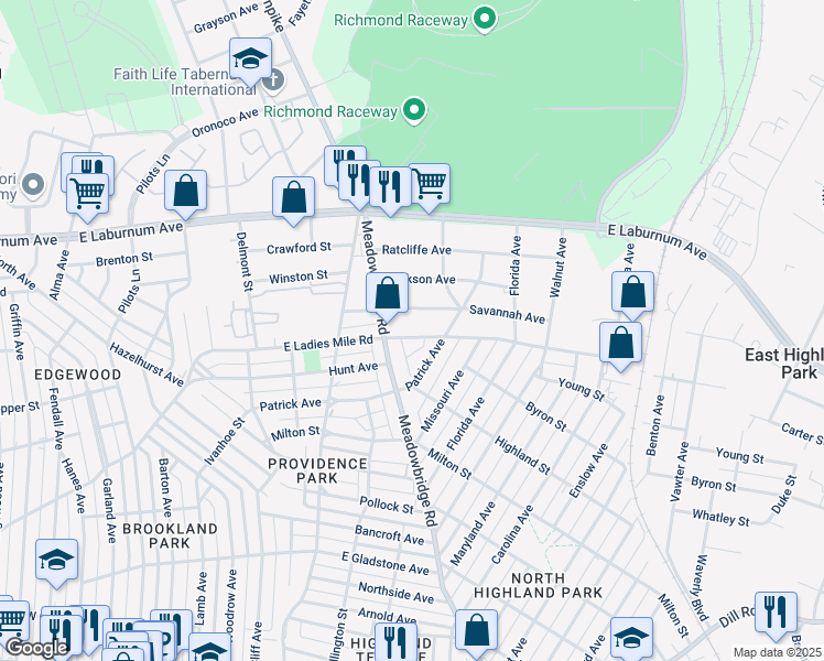 map of restaurants, bars, coffee shops, grocery stores, and more near 610 Pensacola Avenue in Richmond