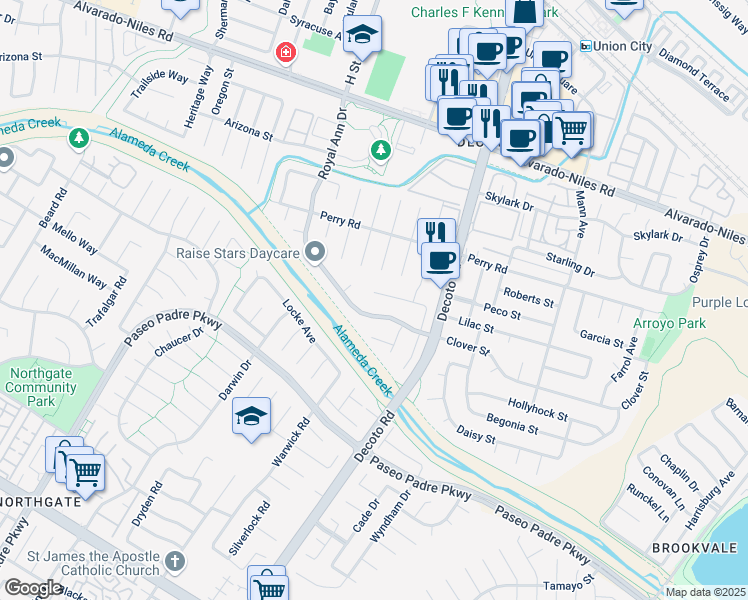 map of restaurants, bars, coffee shops, grocery stores, and more near 2653 Morello Court in Union City