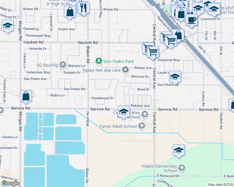 map of restaurants, bars, coffee shops, grocery stores, and more near 1837 Woodview Court in Ceres