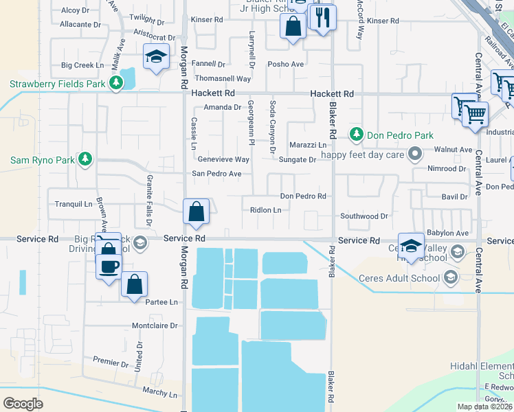 map of restaurants, bars, coffee shops, grocery stores, and more near 3821 Red Haven Lane in Ceres