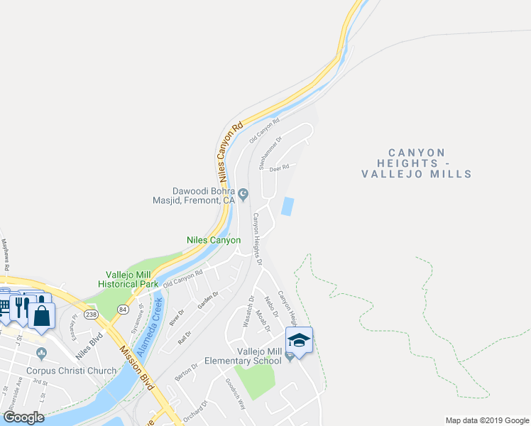 map of restaurants, bars, coffee shops, grocery stores, and more near 38094 Canyon Heights Drive in Fremont
