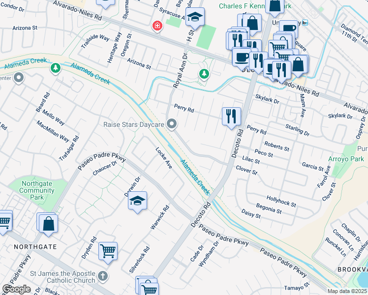 map of restaurants, bars, coffee shops, grocery stores, and more near 2632 Rainier Court in Union City