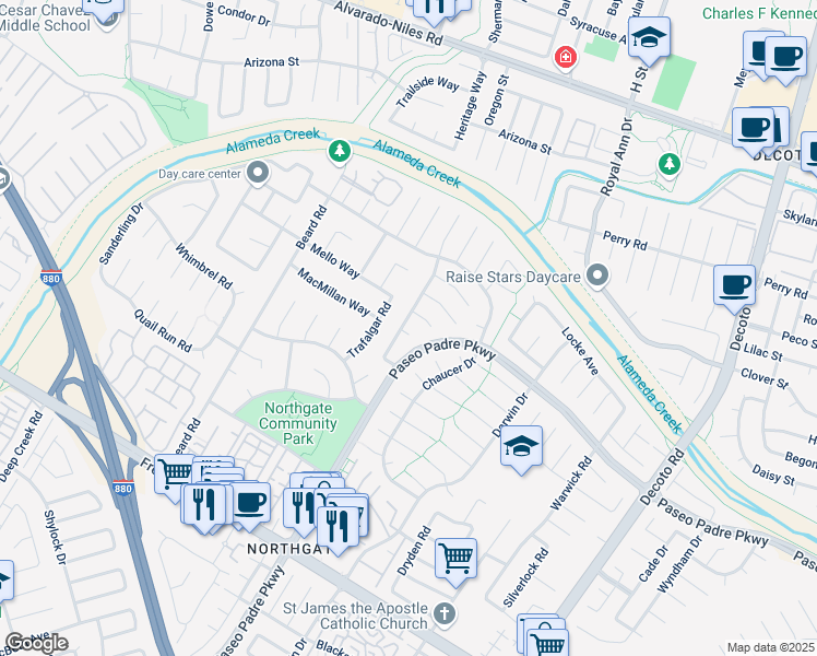 map of restaurants, bars, coffee shops, grocery stores, and more near 3154 Trafalgar Road in Fremont